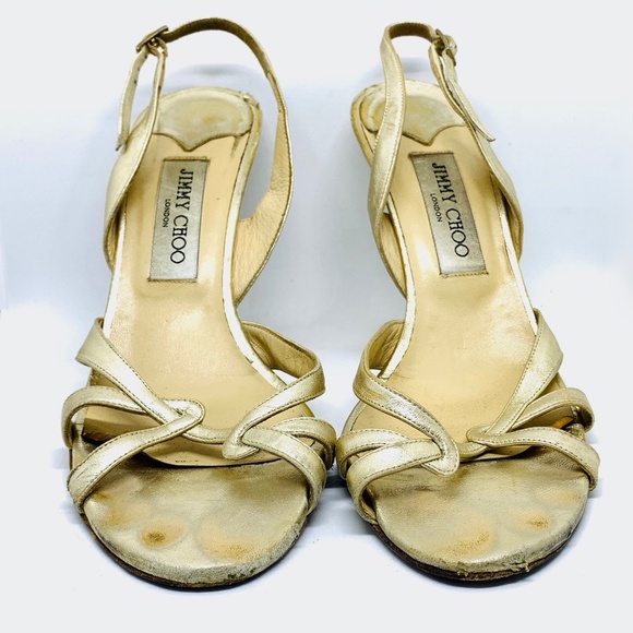 Jimmy Choo: Metallic Gold Lame & Leather, Sandals/ - Picture 1 of 16
